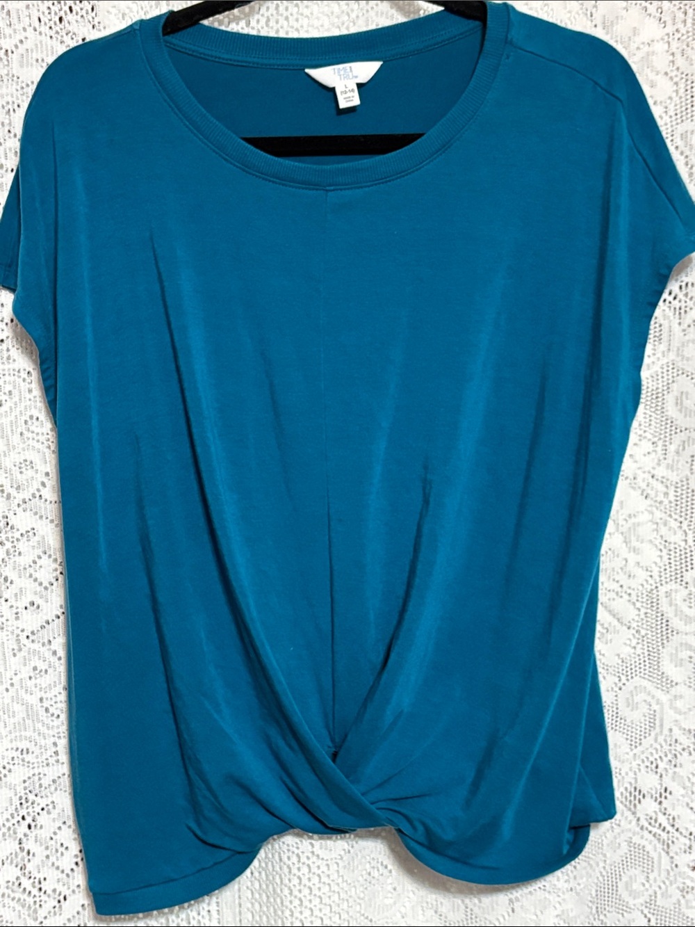 Time and Tru Teal Short Sleeve Twist-Front Top size L